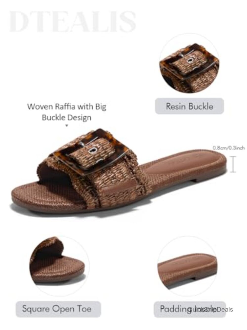 Woven Raffia Flat Sandals with Buckle - Square Open Toe Slide - Picture 6 of 7